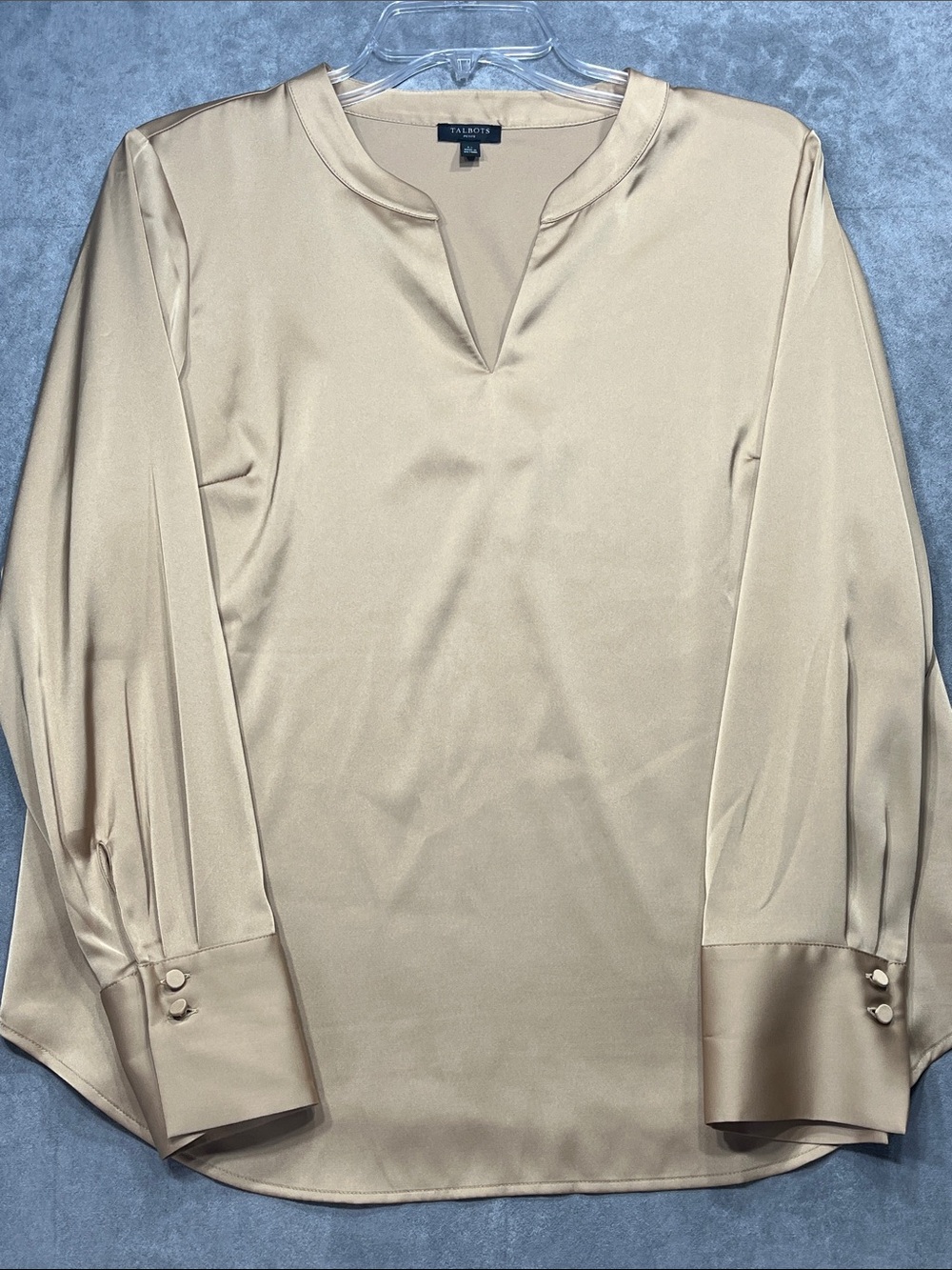 Talbots Petite LP Champagne Gold Satin Split Neck Blouse Long Sleeve